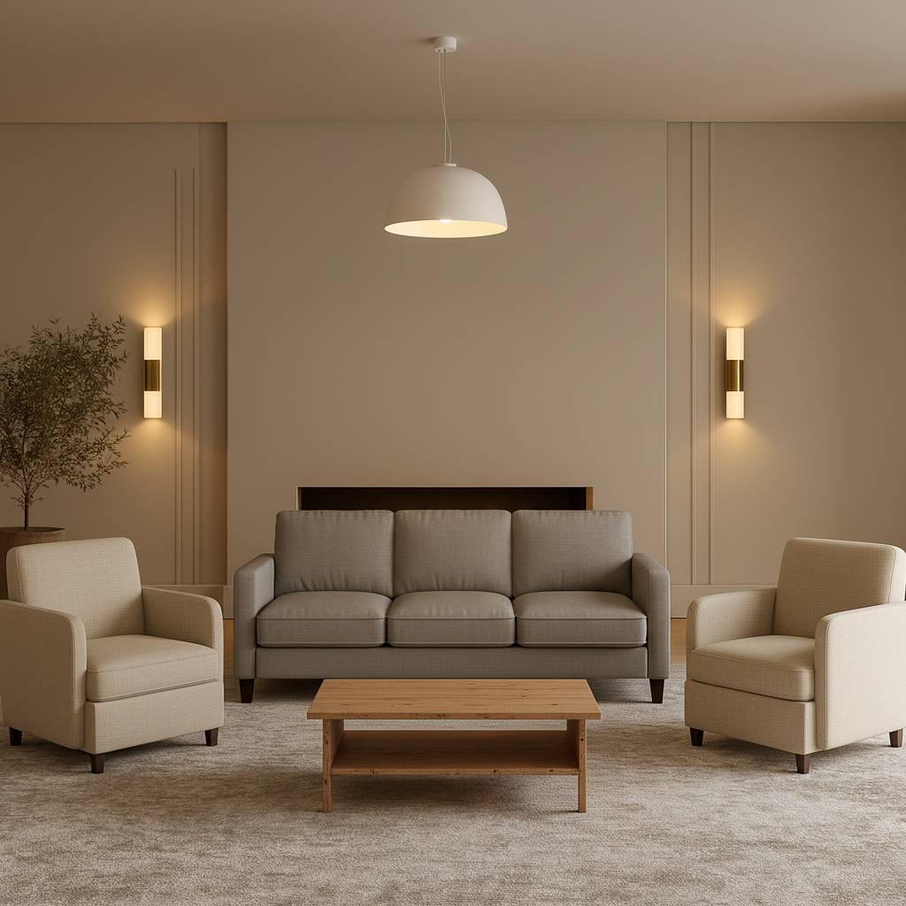Contemporary living room with wall sconces and neutral color palette