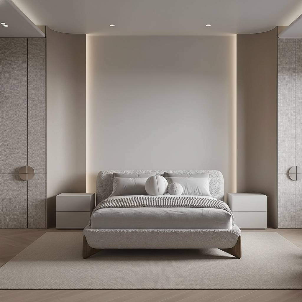 Luxury modern bedroom with upholstered headboard and ambient lighting