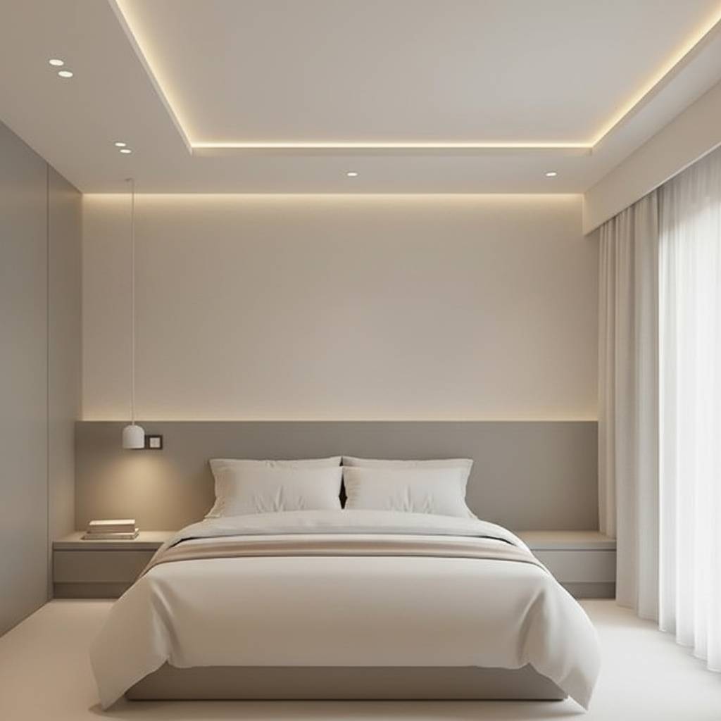 Minimalist bedroom with cove lighting and clean design aesthetic