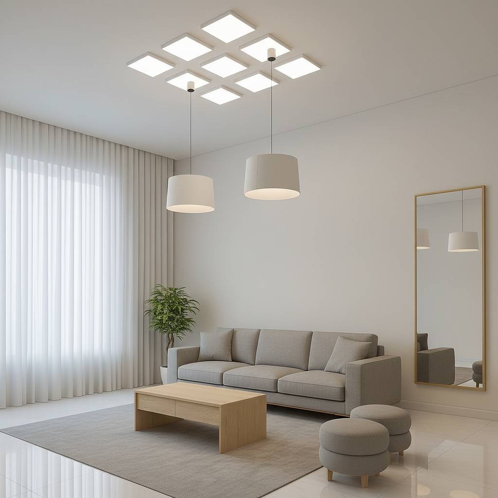 Modern minimalist living room with gray sofa and pendant lights